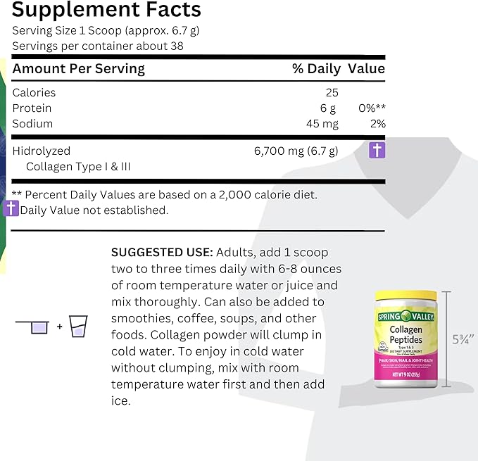 Collagen Peptides Powder 255g (9 Oz) - Hydrolyzed Protein(Type I & III) Keto Collagen Powder for Women & Men - Hair, Skin and Joints by Spring Valley (Pack of 1)