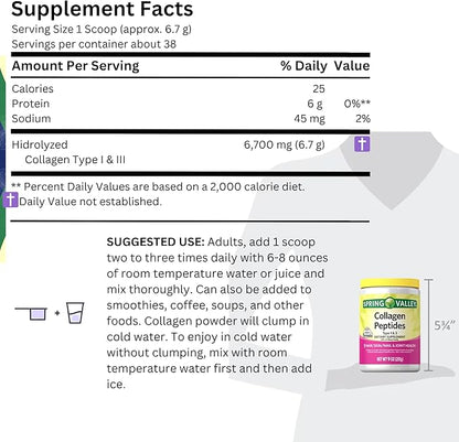 Collagen Peptides Powder 255g (9 Oz) - Hydrolyzed Protein(Type I & III) Keto Collagen Powder for Women & Men - Hair, Skin and Joints by Spring Valley (Pack of 1)