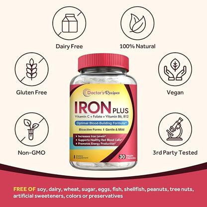 Doctor's Recipes Iron Supplement for Women Men - Gentle Iron Bisglycinate with Vitamin C, B6, Folate & B12 - Non-Constipating & Stomach Friendly Iron Pills for Blood & Energy Support, 30 Vegan Caps