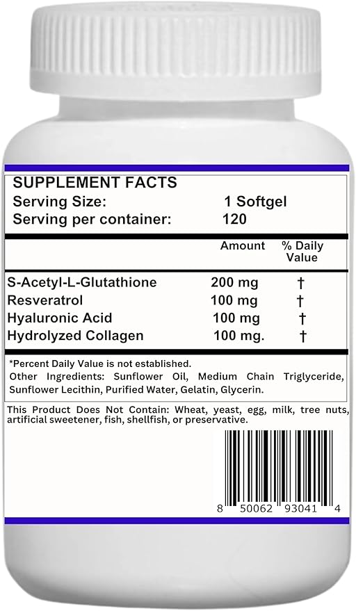 Liposomal S-Acetyl L-Glutathione Resveratrol, Hyaluronic Acid & Collagen 500 mg-480 Softgels