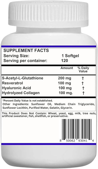 Liposomal S-Acetyl L-Glutathione Resveratrol, Hyaluronic Acid & Collagen 500 mg-480 Softgels