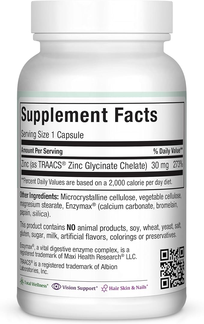 Zinc 30 - Zinc Vitamin with Enzymax for Enhanced Absorption - Highest Potency Immune Support - Glycinate Chelated Zinc Supplements for Adults - Zink Vitaminas - Kosher Made in USA - 100 Count Capsules