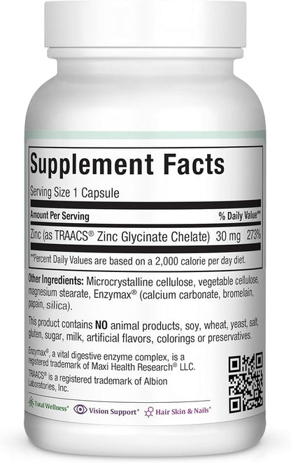 Zinc 30 - Zinc Vitamin with Enzymax for Enhanced Absorption - Highest Potency Immune Support - Glycinate Chelated Zinc Supplements for Adults - Zink Vitaminas - Kosher Made in USA - 100 Count Capsules