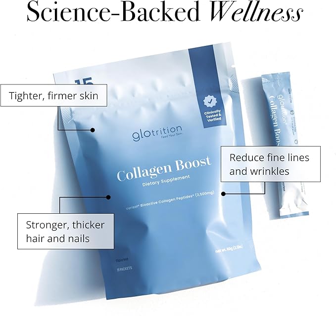 Glotrition Collagen Boost | Skin, Hair, Nails & Joint Support | Reduce Wrinkles and Firm Skin | All-Natural, Non-GMO Collagen for Women & Men 15ct