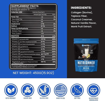 NutriDinner by Nutrillermo | Grass-Fed Collagen Protein Powder | Collagen with Magnesium B-Vitamins | Collagen Supplement for Sleep and Recovery (14,9, Vanilla)