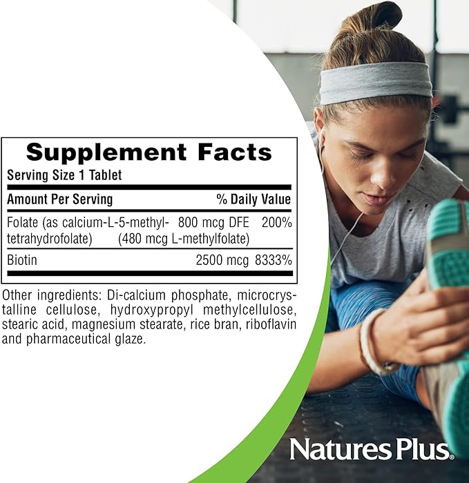 Natures Plus Biotin & Folic Acid (Methylfolate), Sustained Release - 30 Vegetarian Tablets - Vitamin B7 & Vitamin B9, Supports Hair Growth, Energy Booster, Prenatal Vitamin - Gluten-Free - 30 Servings