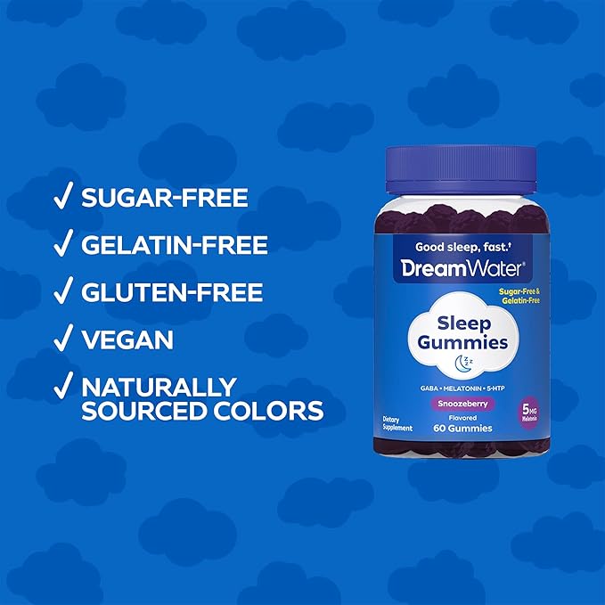 Dream Water Sleep Gummies; Melatonin 5mg, GABA, 5-HTP; Natural Flavors and Colors; Helps You to Fall Asleep, Fast and Wake Refreshed, Snoozeberry, 60 Gummies