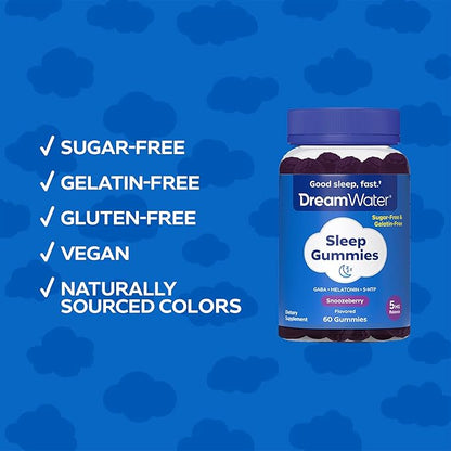 Dream Water Sleep Gummies; Melatonin 5mg, GABA, 5-HTP; Natural Flavors and Colors; Helps You to Fall Asleep, Fast and Wake Refreshed, Snoozeberry, 60 Gummies