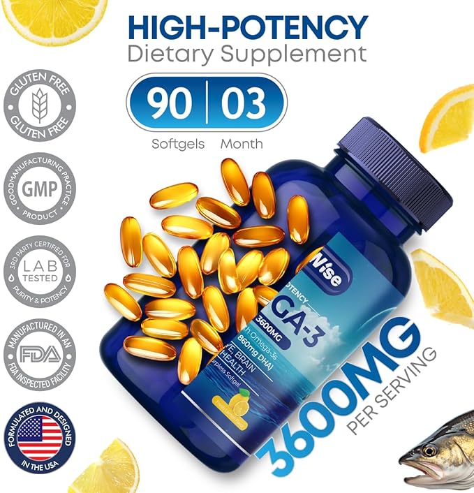 Dr. Wise Omega-3 Fish Oil 3600mg - One Per Day - Triple Strength EPA 1300mg & DHA 860mg - Burpless Lemon Flavor - Heart, Brain & Joint Support - High Potency Supplement - 90 Softgels - Made in USA.
