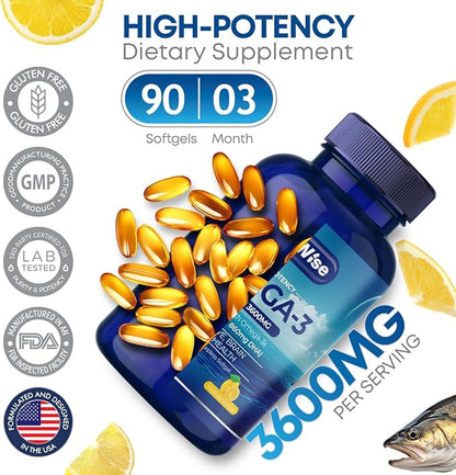 Dr. Wise Omega-3 Fish Oil 3600mg - One Per Day - Triple Strength EPA 1300mg & DHA 860mg - Burpless Lemon Flavor - Heart, Brain & Joint Support - High Potency Supplement - 90 Softgels - Made in USA.