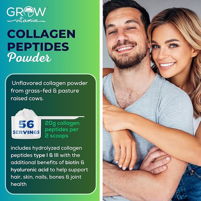 grow vitamin Collagen Peptides Powder, Grass Fed Bovine Collagen Powder Type I & III, Promotes Hair, Nail, Skin Health and Beauty, Supports Bone and Joint Health, Unflavored, 20 OZ, 56 Servings