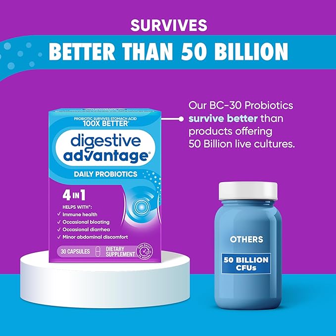 Daily Probiotic Capsule - Digestive Advantage 30 Capsules, Survives 100x Better, Lessens Bloating, Calcium, Promotes Digestive Health and Gut Flora, multi