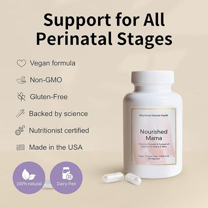 Nourished Mama Prenatal Multi Vitamin - Vegan Multivitamin for Preconception, Pregnancy, Postpartum and Breastfeeding Support - Iron-Free with Methylated Folate & High Dose Choline - 270 Capsules