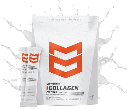 MTN OPS Collagen Protein Powder On-The-Go Packs, 30 Packs per Bag of Unflavored, Highly Digestible Protein with 9g of Protein per Serving