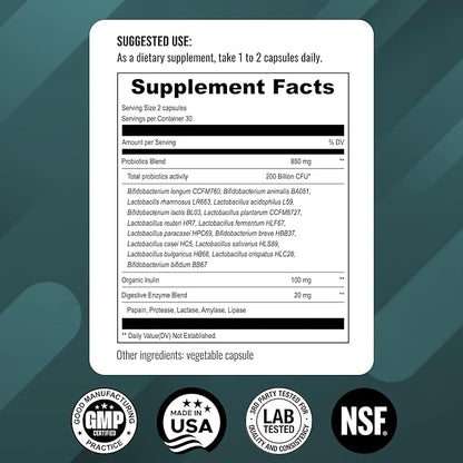 UpNourish Probiotics - 200 Billion CFUs for Men and Women, 15 Clinically Studied Strains, Prebiotics & Enzymes - 60 Vegan Capsules