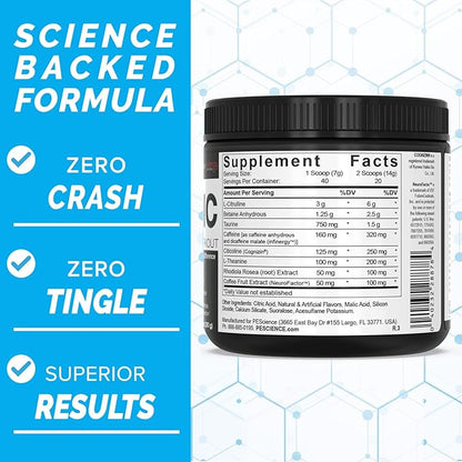 PEScience Prolific Energy Pre Workout – L Citrulline for Nitric Oxide, Rhodiola & CDP Choline Nootropic for Focus – Preworkout for Men & Women – 40 Scoops, Sour Green Apple