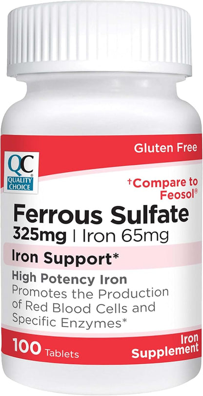 Quality Choice Iron 65 mg (325 mg Ferrous Sulfate) High Potency Iron Support Supplement Tablets in 100 Count Bottles