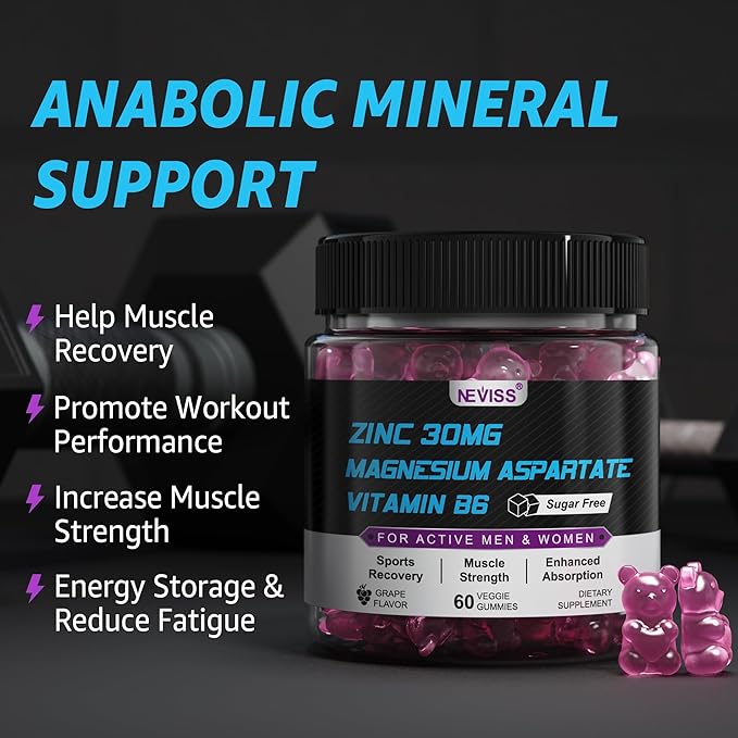Zinc and Magnesium Supplement (Made in USA), Zinc Magnesium Aspartate Post Workout Gummies for Men Women, w/Vitamin B6, B12, D3, Turmeric for Nighttime Muscle Recovery, Boost Immunity & Sleep, 120 Cts