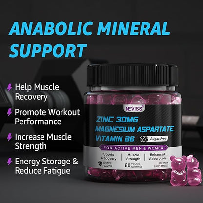 Zinc and Magnesium Supplement (Made in USA), Zinc Magnesium Aspartate Post Workout Gummies for Men Women, w/Vitamin B6, B12, D3, Turmeric for Nighttime Muscle Recovery, Boost Immunity & Sleep, 120 Cts