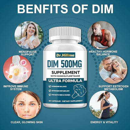 DIM 500MG Supplement Ultra Formula – Hormone Metabolism & Estrogen Balance Support for Women & Men – Diindolylmethane with Black Pepper Extract for Maximum Absorption – Vegan & Soy-Free – 60 Capsules
