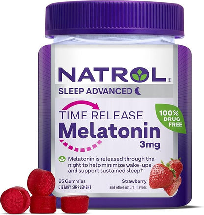 Natrol Time Release Melatonin Gummies, Sleep Support for Adults, 3 mg Melatonin Supplements for Sleep Support, 65 Strawberry-Flavored Gummies, Up to a 65 Day Supply