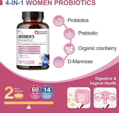 NATURE TARGET Probiotics-for-Women with Prebiotics, Cranberry and D-Mannose, 60-Billion-CFUs, Women's Probiotic for Digestive Health/Gut Health/Immune Booster