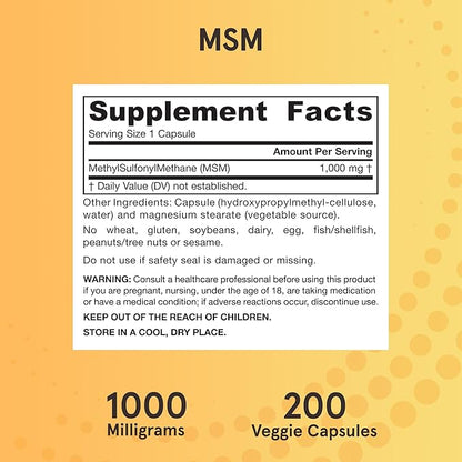 Jarrow Formulas® MSM Capsules, 1,000 mg, Methylsulfonylmethane, Joint Health Support, 200 Capsules, Up To 200 Servings