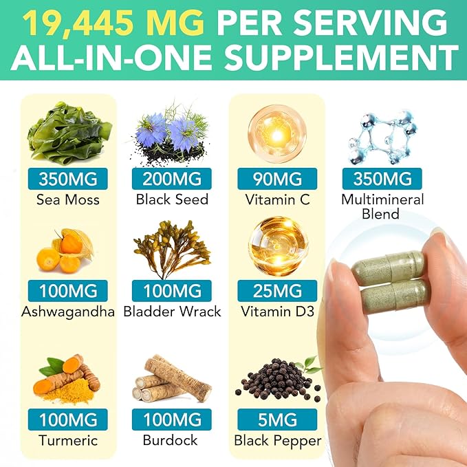 Sea Moss Black Seed Oil Ashwagandha Ginger, Sea Moss Capsule Supplement with Turmeric Burdock Root Bladderwrack Vitamin C Vitamin D3 Enhanced Immunity & Energy Sea Moss Black Seed Oil Capsule 60 Count