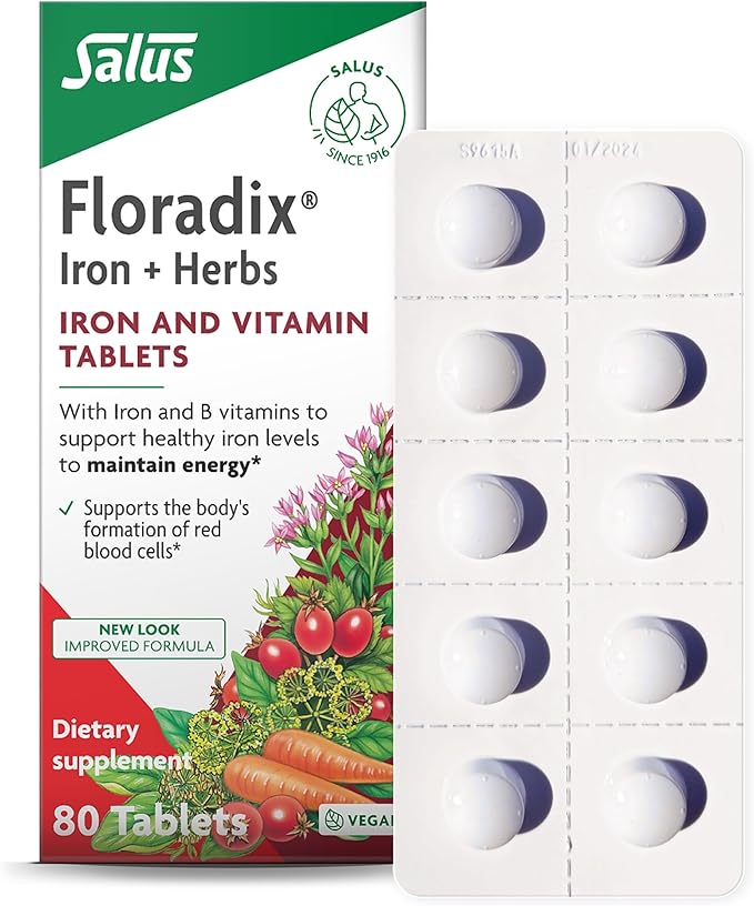 Floradix Iron Tablets - Iron Supplement with Folic Acid, Vitamin C & More - Energy Support* - Vegetarian, Gluten-Free - 80 Tablets