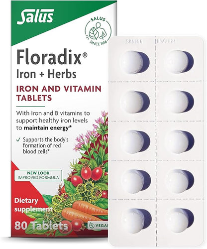 Floradix Iron Tablets - Iron Supplement with Folic Acid, Vitamin C & More - Energy Support* - Vegetarian, Gluten-Free - 80 Tablets