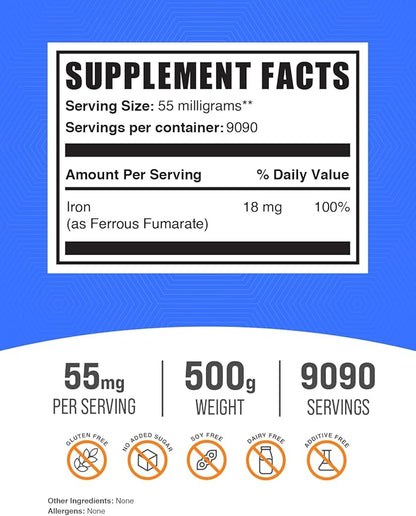 BulkSupplements.com Ferrous Fumarate Powder - Essential Mineral, Iron Supplements, Iron 18mg - Gluten Free, 55mg per Serving, 500g (1.1 lbs) (Pack of 1)