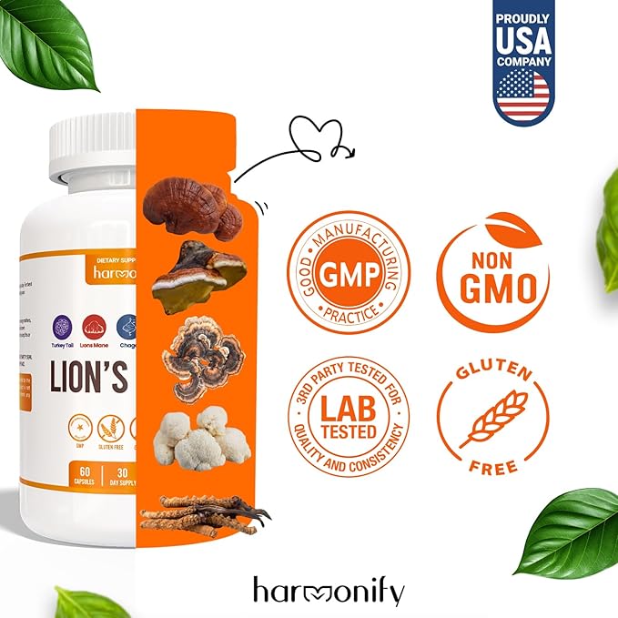 Lions Mane Supplement Capsules with Turkey Tail, Reishi, Cordyceps Chaga, Maitake, Meshima, Poria Cocos, Shiitake, Oyster, Porcini, Enoki 20 in1 Mushroom
