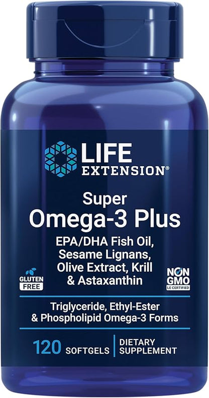 Life Extension Super Omega-3 (Fish Oil) Plus EPA/DHA With Sesame Lignans, Olive Extract, Krill and Astaxanthin (Packaging May Vary), Lemon, 120 Count