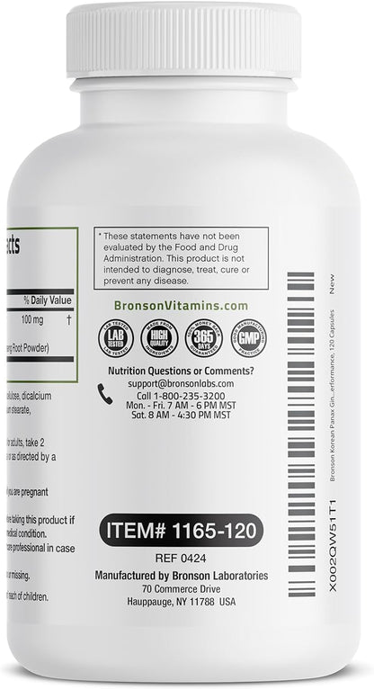 Bronson Korean Panax Ginseng Supports Energy, Endurance & Vitality + Memory and Mental Performance, 120 Capsules