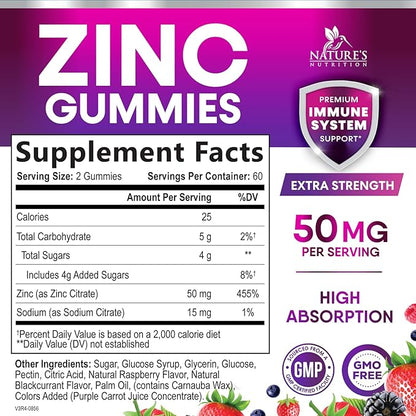 Zinc Gummies 50mg - Bone Skin & Immune Support Health Gummy & Premium Antioxidant Chewable for Adults - High Absorption Vegan, Gluten Free Zinc Supplements Vitamin - Tasty Berry Flavor - 120 Gummies