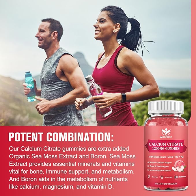 Calcium Citrate 1200mg Gummies with Vitamin D3, K2 - Chewable Calcium Magnesium Zinc d3 Supplement with Sea Moss Extract for Bone, Teeth, Immune Support for Women & Men, Peach Flavor-60 Gummies(3Pack)