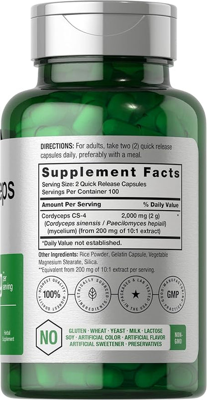 Horbäach Cordyceps Mushroom Capsules 2000mg | 200 Count | CS-4 Strain Cordyceps Sinesis | Non-GMO Herbal Supplement