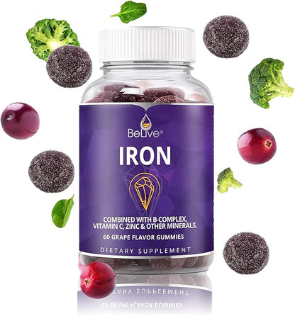 BeLive Iron Gummies - Multivitamin Iron Supplement with Vitamin C, A, B & Zinc, Supports Blood Oxygen, Vegan Supplements for Women, Men & Kids for Growth and Development - Grape Flavor | 5-Pack