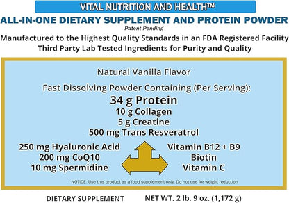 All-in-One Powder: Protein, Collagen, Creatine, Resveratrol, Hyaluronic Acid, CoQ10, Spermidine + Key Vitamins
