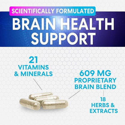 Brain Supplement Memory Pills - Nootropics Support for Concentration, Clarity, Energy & Focus - Brain Health with Bacopa, Cognitive Vitamins, Phosphatidylserine, DMAE - Brain Booster - 120 Capsules