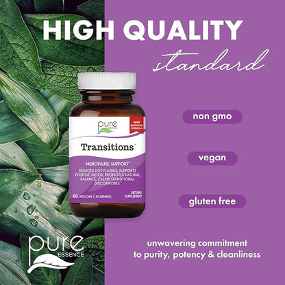PURE ESSENCE LABS Transitions Vitamins for Women, Natural Menopause Relief Supplement to Promote Hormone Balance, Reduce Hot Flashes, Mood Swings & Night Sweats, 60 Capsules