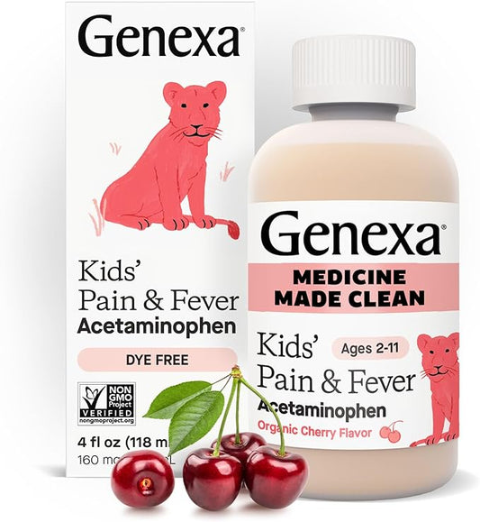 Genexa Kids’ Clean Pain & Fever Acetaminophen, Dye Free, 0% Artificial Additives, Delicious Organic Cherry Flavor, Liquid Oral Suspension Medicine for Children 2-11, 160 mg per 5mL, 4 fl oz