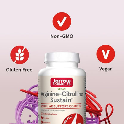 Jarrow Formulas® Arginine-Citrulline Sustain™, Dietary Supplement, Vascular Support Complex for Nitric Oxide Production and Cardiovascular Health, 120 Tablets, 60 Day Supply
