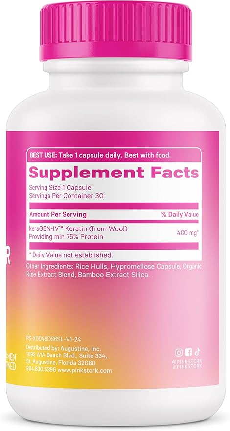 Pink Stork Keratin Hair Loss Supplement for Women - Clinically Studied KeraGEN-IV for Hair Care, Thinning, Shedding and Beauty - Hair Skin and Nails Support - Postpartum Hair Growth - 30 Capsules