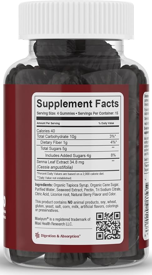 Maxi Health Laxative Gummies, 60's - Chewable Vegan Gummy, Adults and Kids Ages 6 and Up - All-Natural Laxative with Senokot Extract and Mixed Natural Fruit Flavors (Berry, 60 Count)
