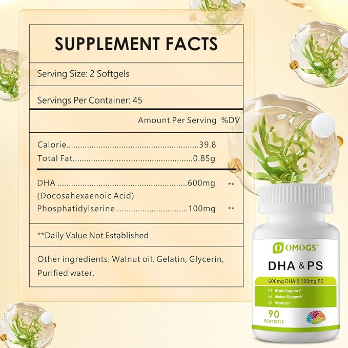 Algae DHA - 600 mg Omega-3 DHA Softgels, with Phosphatidylserine & Walnut Oil, Supports Healthy Brain Function, Vision, Eye & Memory, Gluten Free, Non-GMO Vegan Algae Oil, 90 Softgels
