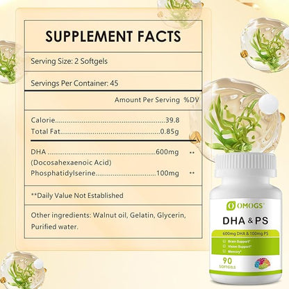 Algae DHA - 600 mg Omega-3 DHA Softgels, with Phosphatidylserine & Walnut Oil, Supports Healthy Brain Function, Vision, Eye & Memory, Gluten Free, Non-GMO Vegan Algae Oil, 90 Softgels