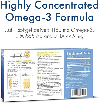 WHC, UnoCardio 1000 Fish Oil, 1300 mg of Pure Triglyceride Fish Oil with Omega-3 (1180 mg), 665 mg EPA and 445 mg DHA and 25 mcg (1000 IU) Vitamin D3 per softgel, Natural Orange, 60 softgels