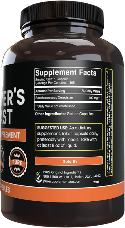 PURE ORIGINAL INGREDIENTS Brewer's Yeast (365 Capsules) No Magnesium Or Rice Fillers, Always Pure, Lab Verified