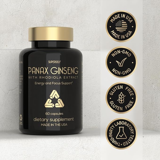Panax Ginseng and Rhodiola Rosea 2000mg - Korean Ginseng High Strength 60 Capsules - Herbal Supplement for Men & Women - Energy Complex with Ginseng Root Extract Standardized 7% Ginsenosides - US Made
